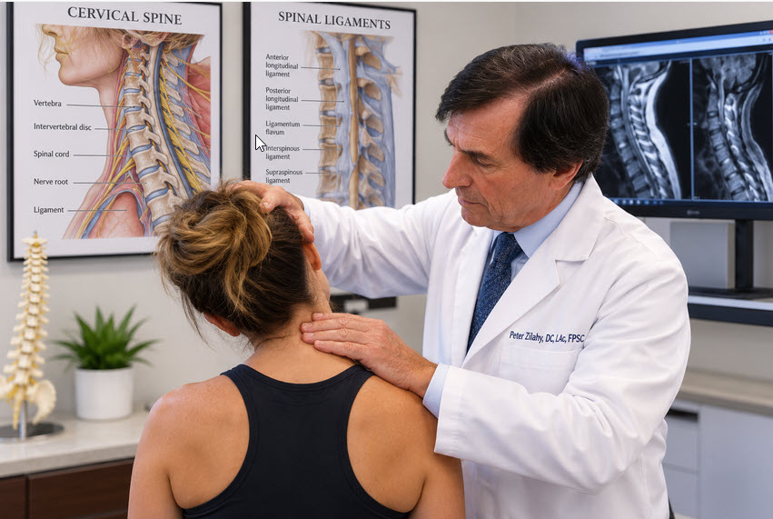 Illustration of a clinician performing a cervical spine examination with spinal anatomy and MRI images in the background.